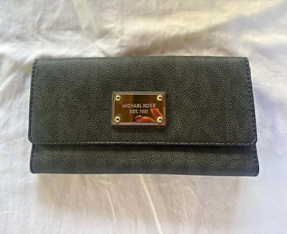 Michael Kors Women’s Black Logo Snap Wallet w/ Zip Pocket, Credit Card Fold